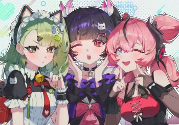 Rule 34 | 3girls, :o, ;), ;o, absurdres, animal ear hairband, animal ears, aria (human) (discordant note) (zenless zone zero), aria (human) (zenless zone zero), aria (zenless zone zero), bag, bare shoulders, bell, black bridal gauntlets, black choker, black dress, black hair, black streaks, blue eyes, blush, bridal gauntlets, cat ear hairband, cat ears, choker, colored inner hair, commentary request, detached sleeves, dress, fake animal ears, finger to cheek, green eyes, green hair, hair between eyes, hair ornament, hairband, hairclip, hand up, hands up, highres, korean commentary, looking at viewer, maid, maid headdress, multicolored hair, multiple girls, nangong yu, nangong yu (rhapsody's muse), neck bell, official alternate costume, one eye closed, open mouth, pink hair, red bag, red eyes, short twintails, smile, streaked hair, sunna (afternoon tea break) (zenless zone zero), sunna (zenless zone zero), twintails, xian456, zenless zone zero