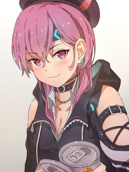 1girl amayomiyu beret black_choker black_hat black_headband black_jacket blush breasts can choker cleavage closed_mouth clothing_cutout commentary earrings hair_behind_ear hair_between_eyes hat headband heaven_burns_red holding holding_can hood hood_down hooded_jacket jacket jewelry large_breasts long_hair long_sleeves looking_at_viewer matsuoka_chiroru pink_eyes pink_hair shoulder_cutout simple_background smile solo upper_body white_background