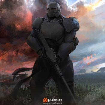 Rule 34 | 1other, ambiguous gender, armor, breastplate, cloud, commentary, english commentary, full armor, grass, grasslands, gun, hammk, heavy machine gun, helmet, highres, holding, holding gun, holding weapon, hovercraft, huge weapon, machine gun, military vehicle, original, outdoors, patreon logo, patreon username, pauldrons, power armor, science fiction, shoulder armor, sky, solo, upper body, vambraces, watercraft, weapon