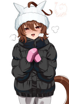 1girl :d agnes_tachyon_(umamusume) ahoge animal_ears beanie black_coat breath brown_hair coat commentary_request cowboy_shot grey_pants hair_between_eyes hat head_tilt highres horse_ears horse_girl long_sleeves looking_at_viewer medium_hair mittens motusii open_mouth pants pink_mittens puffy_long_sleeves puffy_sleeves red_eyes signature simple_background smile solo umamusume white_background white_hat winter_clothes winter_coat