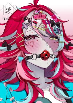 1girl ahoge artist_logo artist_name ball_gag black_bow blue_hair bow collarbone colored_skin commentary earrings english_commentary facial_mark gag grey_skin hair_bow hair_ornament heart heart_facial_mark heart_hair_ornament heterochromia hololive hololive_indonesia jewelry kureiji_ollie landacdeus logo multicolored_hair name_tag_hair_ornament pink_hair red_hair saliva solo stitched_face stitches symbol-shaped_pupils tearing_up triangle_earrings upper_body virtual_youtuber white_hair x-shaped_pupils yellow_eyes