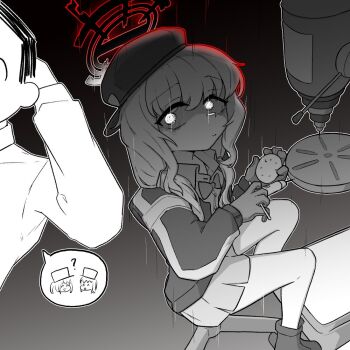 1boy 1girl 743_(743rd_bat) aoba_(blue_archive) blue_archive boots bow bowtie closed_mouth crazy_eyes doodle_sensei_(blue_archive) drill_press gloves halo hat holding_tool jacket long_hair long_sleeves looking_at_another on_stool sensei_(blue_archive) sitting skirt speech_bubble