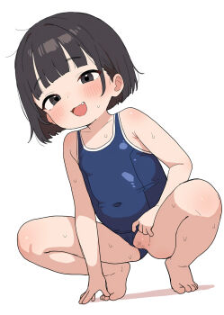 1girl :d barefoot black_eyes black_hair blue_one-piece_swimsuit blunt_bangs blush censored clothing_aside competition_school_swimsuit covered_navel fang flat_chest full_body kuma-san loli looking_at_viewer mosaic_censoring one-piece_swimsuit open_mouth original pussy school_swimsuit short_hair simple_background smile solo squatting sweat swimsuit swimsuit_aside toes white_background