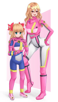 2girls :d armor artist_request blonde_hair blue_eyes bodysuit boots bow brown_hair closed_mouth cosplay frown girlfriend_(kari) gloves gym hair_bow highres multiple_girls open_mouth pink_armor pink_background pink_boots pink_gloves purple_bodysuit red_bow red_eyes ryugasaki_juria smile standing tagme thigh_boots white_bodysuit yuuki_nae