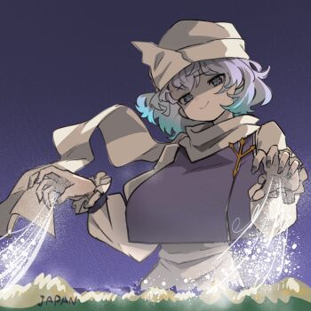 1girl anderson_m0311 blue_eyes blue_vest commentary_request cropped_torso highres lapel_pin letty_whiterock long_sleeves looking_down medium_hair purple_hair scarf shirt solo touhou triangular_headpiece vest white_background white_scarf white_shirt