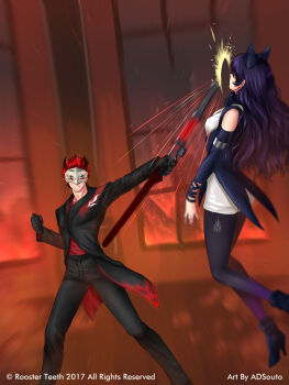 1boy 1girl adam_taurus adsouto arm_ribbon artist_name bare_shoulders belt black_boots black_gloves black_hair black_jacket black_pants black_pantyhose black_scarf blake_belladonna boots bow breasts chokutou coattails commentary company_name copyright_notice detached_sleeves duel english_commentary flower garter_straps gloves gun hair_bow high_heels highres horns jacket kusarigama long_hair mask midriff motion_blur official_art pants pantyhose pantyhose_under_shorts red_hair red_shirt ribbon rifle rwby scarf shirt shorts shotgun sickle sleeveless sleeveless_shirt spiked_hair sword vest violence weapon wilt_and_blush yellow_eyes