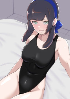 1girl black_hair black_one-piece_swimsuit blanket blue_hairband blue_ribbon breasts competition_swimsuit door freckles green_eyes hairband highres indoors kantai_collection long_hair looking_at_viewer medium_breasts mogador_(kancolle) one-piece_swimsuit ribbon sitting solo swimsuit tirasi_(so)