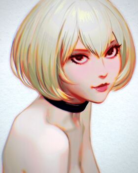 1girl bare_shoulders black_choker blonde_hair bob_cut brown_eyes choker highres ilya_kuvshinov lips looking_at_viewer original portrait short_hair solo white_background