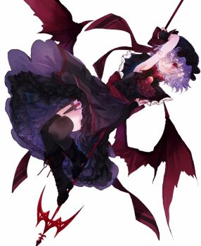 1girl arm_up armpits asymmetrical_gloves black_boots black_dress black_gloves black_hat black_thighhighs blue_hair boots commentary_request dress elbow_gloves fingerless_gloves full_body gloves gothic_lolita hair_over_one_eye hat knife lolita_fashion long_dress looking_at_viewer petticoat red_eyes red_wings remilia_scarlet shinjitsu_no_kuchi short_hair simple_background sleeveless sleeveless_dress solo thigh_strap thighhighs touhou uneven_gloves white_background wings