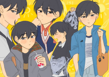 Rule 34 | 1boy, alternate costume, arms up, bag, bag charm, black eyes, black hair, black sweater, black sweater vest, blue jacket, bright pupils, charm (object), closed eyes, closed mouth, collared jacket, collared shirt, commentary request, cup, disposable cup, double-parted bangs, drinking straw, grey jacket, hair behind ear, handbag, holding, holding cup, jacket, long sleeves, looking at viewer, male focus, mewo, msdnno kabe, omori, open mouth, prototype design, shirt, short-sleeved jacket, short hair, short sleeves, solo, something (omori), stretching, sunny (birthday) (omori), sunny (omori), sweater, sweater vest, white pupils, white shirt