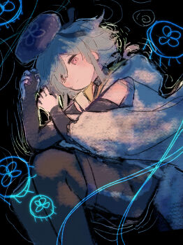 1boy absurdres arknights blue_hair blue_hat blush closed_mouth coffee_toranpu commentary_request gloves hat highres jellyfish long_sleeves male_focus mizuki_(arknights) pink_eyes solo