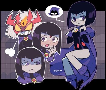 1girl absurdres black_leotard blush breasts cape colored_skin dc_comics forehead_jewel grey_skin highres leotard looking_at_viewer purple_eyes purple_hair rariatto_(ganguri) raven_(dc) short_hair sleeved_leotard smile solo teen_titans thighs