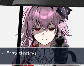 1girl a_little_scale aiming black_gloves buttons collar english_text evernight_(honkai:_star_rail) flower gloves gun hair_between_eyes hair_flower hair_ornament hairclip highres holding holding_gun holding_umbrella holding_weapon honkai:_star_rail honkai_(series) korean_commentary long_hair march_7th_(honkai:_star_rail) parallel_hairclips pink_hair red_eyes single_thighhigh smile thighhighs umbrella weapon white_background