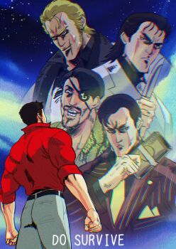 5boys absurdres beard black_hair blonde_hair chromatic_aberration commentary_request eyepatch facial_hair formal_clothes goda_ryuji grin hara_tetsuo_(style) highres hokuto_no_ken holding holding_money holding_weapon inset kiryu_kazuma knife looking_up majima_goro mine_yoshitaka money multiple_boys necktie nicacu nishikiyama_akira pants parody red_shirt ryuu_ga_gotoku_(series) ryuu_ga_gotoku_1 ryuu_ga_gotoku_2 ryuu_ga_gotoku_3 scar scar_on_face shirt short_sword sky smile star_(sky) starry_sky style_parody suit sword tantou weapon white_pants