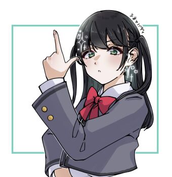 1girl absurdres aqua_border black_hair blush border bow bowtie collared_shirt commentary_request cosplay daua_history fingernails green_eyes grey_jacket hand_up heart highres index_finger_raised inset_border iwata_haruki jacket long_hair long_sleeves looking_at_viewer outside_border parted_lips real_life red_bow red_bowtie school_uniform seishou_music_academy_uniform shirt shoujo_kageki_revue_starlight simple_background solo sparkle translation_request tsuyuzaki_mahiru tsuyuzaki_mahiru_(cosplay) two_side_up upper_body v-shaped_eyebrows voice_actor voice_actor_connection white_background white_shirt