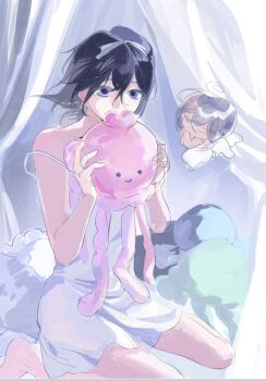 Rule 34 | 1girl, 22 (22mimi2434), alien stage, black hair, blue eyes, dilated pupils, dress, hair between eyes, hair ribbon, highres, holding, jellyfish, looking at viewer, medium hair, official alternate costume, ribbon, sitting, sleeveless, sleeveless dress, solo, spaghetti strap, sua (alien stage), white dress, white ribbon