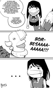 ... 1boy 1girl artist_name black_hair breasts chainsaw chainsaw_devil chainsaw_man character_doll doll dress fourth_east_high_school_uniform greyscale hair_between_eyes hand_puppet highres long_hair monochrome muppets open_mouth puppet ringed_eyes scar school_uniform sharp_teeth shirt signature simple_background spanish_text teeth therapy twitter_username victorbalgitt yoru_(chainsaw_man)