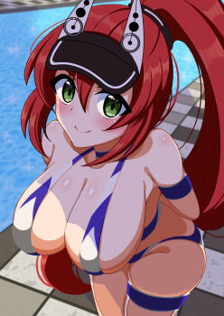 arms_behind_back bikini black_visor blue_bikini blue_choker breasts choker cleavage dragon_musume_ni_naritakunai! duel_masters from_above green_eyes hair_between_eyes high_ponytail highres jurako_ljuba kunisaki-air large_breasts long_hair looking_at_viewer multicolored_bikini ponytail poolside red_hair swimsuit thigh_strap two-tone_bikini visor_cap white_bikini