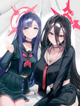 2girls between_legs black_choker black_hair black_sailor_collar black_serafuku black_shirt black_skirt bloom_muchi blue_archive blunt_bangs breasts choker closed_mouth grin hair_behind_ear hair_between_eyes hair_ornament hairclip halo hand_between_legs hasumi_(blue_archive) highres ichika_(blue_archive) long_hair multiple_girls neckerchief necktie purple_hair red_eyes red_halo red_neckerchief red_necktie revision sailor_collar school_uniform serafuku shirt skirt smile v white_sailor_collar
