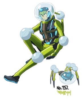 araquanid black_gloves black_shoes bodysuit creature_and_personification full_body gen_7_pokemon gloves green_hair highres nintendo personification pokedex_number pokemon pokemon_(creature) qumyak reference_inset shoes short_hair solo swim_cap white_background
