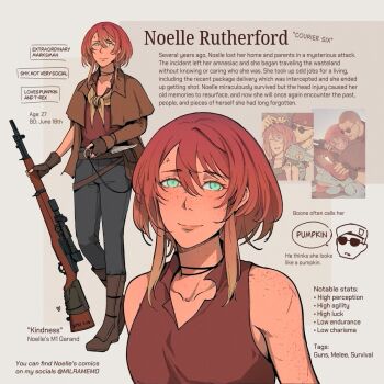 1boy 1girl animal artist_self-reference beret black_pants blue_eyes boots brown_background brown_boots brown_shoes buzz_cut character_profile chibi chibi_only closed_mouth collared_shirt commentary courier_(fallout:_new_vegas) craig_boone english_commentary english_text fallout fallout:_new_vegas freckles gecko grey_background gun hat highres holding holding_gun holding_weapon jalapeno_(milramemo) m1_garand milramemo noelle_rutherford pants parted_lips red_hat rifle scope shirt shoes short_hair smile sniper_rifle sunglasses two-tone_background very_short_hair weapon