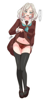 Rule 34 | 1girl, absurdres, annoyed, aria (stareikachan), black thighhighs, blue eyes, breasts, ceras yanagida lilienfeld, clothes lift, collarbone, commentary request, hair ornament, hasu no sora school uniform, highres, jitome, large breasts, lifting own clothes, link! like! love live!, lips, looking at viewer, love live!, navel, open mouth, panties, red panties, school uniform, signature, skirt, skirt lift, speech bubble, teeth, thighhighs, thighs, underwear, upper teeth only, virtual youtuber, white background