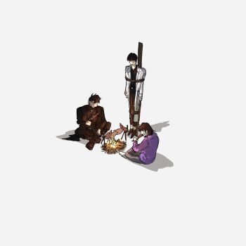 1girl 2boys absurdres black_coat black_hair bound campfire coat commentary crossed_ankles eating english_commentary full_body han_sooyoung highres holding holding_skewer hood hood_down hoodie kim_dokja lp_(sangkuranak) multiple_boys no_eyes omniscient_reader&#039;s_viewpoint open_clothes open_coat purple_hoodie rotisserie short_hair sitting skewer squid stake tied_up_(nonsexual) white_coat yoo_joonghyuk