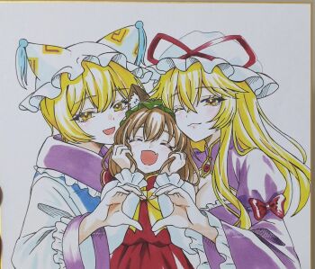 Rule 34 | 0002koko, 3girls, adapted costume, animal ear fluff, animal ears, animal hat, blonde hair, blush, bow, breasts, brown hair, cat ears, chen, cleavage, cleavage cutout, closed eyes, closed mouth, clothing cutout, commentary request, dress, facing viewer, frilled sleeves, frills, green hat, hair bow, hat, hat ribbon, heart, heart hands, heart hands duo, highres, large breasts, long hair, long sleeves, looking at viewer, mob cap, multiple girls, one eye closed, open mouth, purple dress, purple eyes, red ribbon, red skirt, red vest, ribbon, shikishi, skirt, smile, touhou, traditional media, vest, white hat, wide sleeves, yakumo ran, yakumo yukari