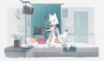 1girl absurdly_long_hair absurdres alternate_costume anchor_symbol animal_ear_fluff animal_ears azur_lane bed black_bow blue_bow blue_eyes bow chinese_commentary closed_mouth commentary_request curtains dot_mouth feet fox_ears fox_girl fox_tail hair_bow hair_over_one_eye hat highres holding holding_syringe hospital_bed indoors intravenous_drip kasumi_(azur_lane) kasumi_1118 kneeling large_syringe loli long_hair looking_at_viewer low_twintails manjuu_(azur_lane) no_panties nurse nurse_cap oversized_object soles swept_bangs syringe tail thighhighs toes toolbox twintails very_long_hair white_hair white_thighhighs