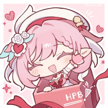 1girl :d box braid braided_bangs breasts chibi chibi_only closed_eyes commentary commentary_request elysia_(hi_love_elf)_(honkai_impact) elysia_(honkai_impact) facing_viewer gloves happy_birthday hat heart highres honkai_(series) honkai_impact_3rd in_box in_container long_hair medium_breasts open_mouth partial_commentary pink_background pink_gloves pink_hair pointy_ears rasarasu single_glove smile solo twitter_username waving white_hat
