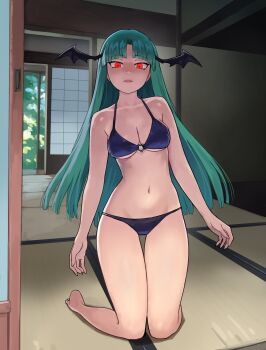 1girl absurdres aqua_hair architecture bare_arms bare_legs bare_shoulders barefoot bat_wings bikini black_bikini blunt_bangs breasts cleavage collarbone commentary darkstalkers day east_asian_architecture english_commentary full_body glowing glowing_eyes groin head_wings heart heart_o-ring heart_ring_top highres indoors kneeling long_hair looking_at_viewer medium_breasts morrigan_aensland navel o-ring parted_lips red_eyes shouji sliding_doors smile solo stomach swimsuit tatami thigh_gap very_long_hair watcher_hollow wings