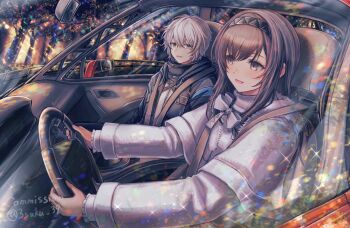 Rule 34 | 1boy, 1girl, 3 (sanyako1), arknights, black hairband, blush, brown hair, car, commentary request, commission, diamond-shaped pupils, diamond (shape), doctor (arknights), driving, hair between eyes, hairband, highres, hood, hooded coat, long hair, long sleeves, looking at another, male doctor (arknights), motor vehicle, open mouth, priestess (arknights), short hair, smile, symbol-shaped pupils, twitter username, upper body