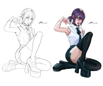 1girl absurdres black_choker black_ribbon black_shorts black_thighhighs chainsaw_man choker closed_mouth collared_shirt green_eyes grenade_pin hair_between_eyes high_heels highres justb1aze knee_up looking_at_viewer neck_ribbon purple_hair reze_(chainsaw_man) ribbon shirt short_shorts shorts sleeveless sleeveless_shirt solo thighhighs white_shirt