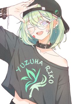 Rule 34 | 1girl, :d, absurdres, arm at side, arm up, bandaid, bandaid on cheek, bandaid on face, baseball cap, belt, belt buckle, belt collar, black belt, black hat, black shirt, buckle, chaeeunhan124, character name, collar, commentary request, crop top, cropped shirt, ear chain, earclip, green hair, hair between eyes, hat, highres, korean commentary, linked piercing, long bangs, looking at viewer, midriff, multicolored eyes, navel, off-shoulder shirt, off shoulder, one eye closed, open mouth, piercing, print shirt, round eyewear, shirt, short hair, single bare shoulder, single off shoulder, smile, solo, stellive, swept bangs, two-tone eyes, virtual youtuber, white-framed eyewear, wrist belt, yuzuha riko