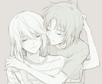 Rule 34 | 2boys, closed eyes, closed mouth, commentary request, grey background, greyscale, hair between eyes, hand on another's head, hug, hug from behind, makabe kazuki, male focus, minashiro soushi, monochrome, multiple boys, sawa2, scar, scar across eye, scar on face, shirt, short sleeves, simple background, smile, soukyuu no fafner, striped clothes, striped shirt, upper body