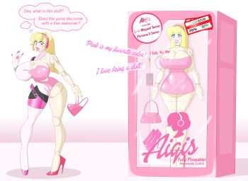 1girl absurdres aigis_(persona) bag barbie bimbofication blonde_hair blue_eyes bow breasts confused covered_erect_nipples curvy doll dollification dress english_text eyelashes eyeshadow female_focus gynoid handbag henshin high_heels highres human_to_inanimate inanimate_object large_breasts leotard lips lipstick makeup persona persona_3 petrification pink_bow pink_dress pink_lips pink_ribbon pink_theme ribbon robot robot_girl sealguy short_hair solo speech_bubble standing thick_thighs thighhighs thighs thought_bubble transformation transformation_(object) video_game white_leotard white_thighhighs wide_hips
