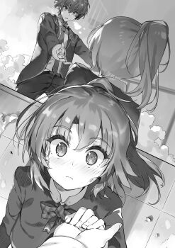 1boy 1girl blush bow breasts building closed_mouth collarbone collared_shirt embarrassed from_above from_behind greyscale guilford_reeves hair_between_eyes highres holding_hands jacket kanzen_muken_no_shinjin_majutsusei lips long_sleeves looking_at_viewer male_focus medium_hair monochrome multiple_views nauribon necktie non-web_source novel_illustration official_art open_clothes open_hand open_jacket outdoors outstretched_arm outstretched_hand pants plaid_bow ponytail shirt short_hair sidelocks silhouette small_breasts standing surprised tsurime v-shaped_eyebrows velvet_roa wide-eyed