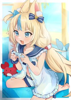 1girl :3 absurdres ahoge animal_ear_fluff animal_ears barefoot blonde_hair blue_bow blue_eyes blue_hair blue_sailor_collar blunt_bangs blush bow cat_ears collarbone commentary controller couch crab dot_nose dress english_commentary feet fins fish_girl fish_tail from_side game_controller hair_bow highres holding holding_controller holding_game_controller indie_virtual_youtuber indoors leaning_forward lifebuoy lifebuoy_hair_ornament long_hair low_twintails multicolored_hair on_couch one_side_up open_mouth pel_(mog_mogn) sailor_collar sailor_dress sameko_saba shark_tail shorts sitting sleeveless sleeveless_dress soles solo sparkle streaked_hair swim_ring tail tareme toes twintails very_long_hair virtual_youtuber wariza white_dress white_shorts