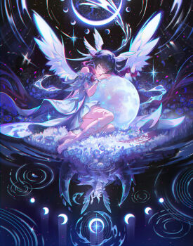 1girl arm_ribbon barefoot black_hair bow columbina_(genshin_impact) commentary crescent_moon dress eye_mask feathered_wings flower full_moon genshin_impact hair_ornament hair_ribbon head_ornament highres jessica_wijaya leg_ribbon long_hair mask moon multicolored_hair pink_hair ribbon see-through_clothes see-through_mask solo sparkle two-tone_hair very_long_hair white_bow white_dress white_ribbon wing_hair_ornament wings