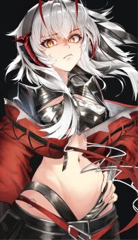 1girl arknights black_background black_hair closed_mouth commentary_request cowboy_shot crop_top glaring hand_on_own_hip highres jacket long_hair looking_at_viewer multicolored_hair navel o-ring off_shoulder orange_eyes orange_jacket simple_background solo standing strap streaked_hair takeman w_(arknights) white_hair wis'adel_(arknights)