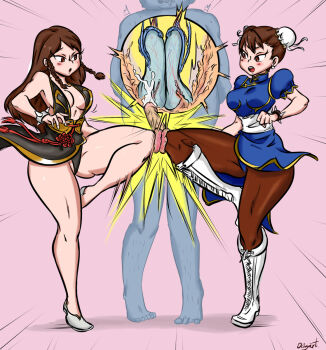 1boy 2girls ball_busting bracelet capcom chun-li chun-li_(battle_ouffit_sfiv) femdom jewelry kneeing multiple_girls ocigart panties pantyshot spiked_bracelet spikes street_fighter underwear
