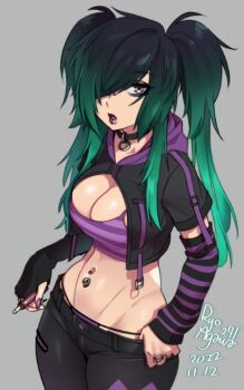 1girl agawa_ryou aqua_hair arm_warmers artist_name black_choker black_gloves black_hair black_hoodie black_pants breasts choker cleavage collarbone commentary cowboy_shot crop_top cropped_hoodie dated denim elbow_gloves electronic_cigarette emo english_commentary face_piercing fingerless_gloves gloves gradient_hair grey_background grey_eyes groin hair_over_one_eye hand_on_own_hip hood hood_down hoodie jeans jewelry large_breasts lip_piercing looking_at_viewer multicolored_hair multicolored_pants nail_polish navel_piercing nose_piercing numbered original panties pants panty_peek piercing purple_hoodie purple_lips purple_nails purple_panties purple_pants purple_shirt ring shirt short_sleeves sidelocks simple_background single_elbow_glove single_fingerless_glove skull_ornament solo straight_hair string_panties striped_arm_warmers swept_bangs torn_clothes torn_pants twintails two-tone_hair underwear wide_hips