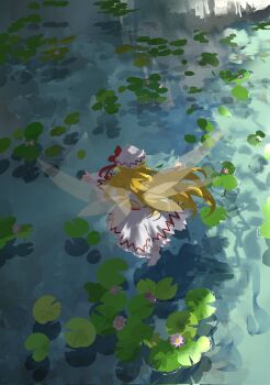 Rule 34 | 1girl, blonde hair, dress, fairy wings, flower, flying, from above, from behind, full body, hat, hat ribbon, highres, lily pad, lily white, long hair, long sleeves, outdoors, pink flower, red ribbon, ribbon, shadow, socks, solo, touhou, transparent wings, ushitsuchi, very long hair, water, white dress, white hat, white socks, wings