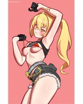 1girl absurdres ahoge arm_above_head armpits arms_up bikini bikini_top_pull black_gloves black_shirt black_shorts blonde_hair blush border breasts clothes_lift clothes_pull commentary cowboy_shot crazylemon_art english_commentary gloves hair_between_eyes highres long_hair looking_at_viewer luciana_de_montefio navel nipples pink_background red_eyes shirt shirt_lift shorts side_ponytail small_breasts solo swimsuit teeth thighs white_border zenless_zone_zero