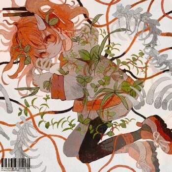 1girl a.i._voice adachi_rei barcode black_pantyhose bone closed_mouth hashtag-only_commentary jacket li04r long_sleeves one_side_up orange_eyes orange_hair pantyhose plant solo twitter_username utau white_jacket