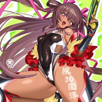 1girl anniversary bare_shoulders black_leotard body_writing boots brown_hair covered_navel curvy dark-skinned_female dark_skin flat_chest floating_hair gun hair_ornament hair_ribbon happy highleg highleg_leotard highres holding holding_gun holding_weapon impossible_clothes impossible_leotard jumping leotard long_hair long_twintails looking_at_viewer mizuki_yukikaze official_art one-piece_tan open_mouth pink_eyes revealing_clothes ribbon serious shiny_clothes shiny_skin signature simple_background skin_tight solo taimanin_(series) taimanin_rpgx taimanin_suit taimanin_yukikaze tan tanline thong_leotard two_side_up very_long_hair weapon wide_hips