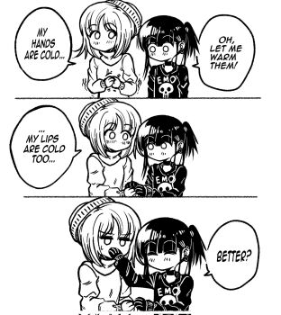 2girls 3koma blush clothes_writing clueless cold collar comic corrupted_twitter_file ear_piercing emo-girl_(grs-) english_text goth_fashion greyscale grs- happy highres jewelry jitome long_hair lying medium_hair monochrome multiple_girls no_mouth o_o on_back original piercing skull_print trembling winter_clothes you're_doing_it_wrong yuri