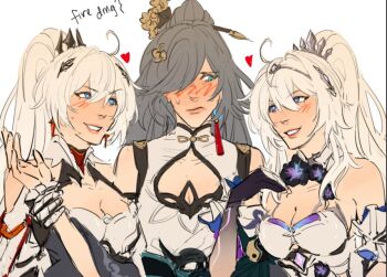 ahoge bare_shoulders blue_eyes blush breasts cellysticks chinese_hairpin cleavage commentary dress dual_persona english_commentary flower_ornament fu_hua fu_hua_(azure_empyrea) grabbing_another&#039;s_arm grey_hair heart honkai_(series) honkai_impact_3rd kiana_kaslana kiana_kaslana_(herrscher_of_finality) kiana_kaslana_(herrscher_of_flamescion) large_breasts long_hair ponytail purple_hands simple_background small_breasts tiara very_long_hair white_background white_dress yuri