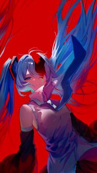 1girl absurdres aqua_trim bare_shoulders black_skirt black_sleeves blue_eyes blue_hair blue_necktie breasts collared_shirt colored_tears commentary crumbling detached_sleeves floating_hair floating_neckwear frilled_shirt frills hair_between_eyes hair_ornament half-closed_eye hatsune_miku highres hole_in_head hollow_body long_hair long_sleeves looking_at_viewer marshmallow_(vocaloid) necktie one-eyed parted_lips pleated_skirt red_background red_pupils shirohanamame_(shiroha_nmm) shirt sidelocks skirt sleeveless sleeveless_shirt small_breasts solo twintails untucked_shirt upper_body very_long_hair vocaloid white_shirt wide_sleeves