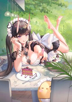 1girl :q atdan azur_lane barefoot black_hair cake cake_slice feet food fork highres horns light_blush long_hair looking_at_viewer lying maid noshiro_(azur_lane) on_stomach on_table plate purple_eyes soles table the_pose toes tongue tongue_out twintails